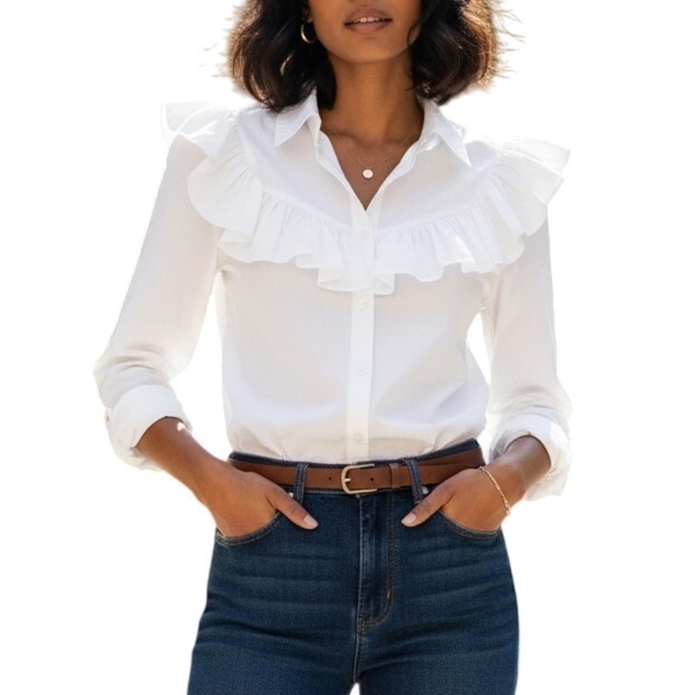 H&M Ruffle Front Button Down Shirt Long Sleeve White Blouse Top